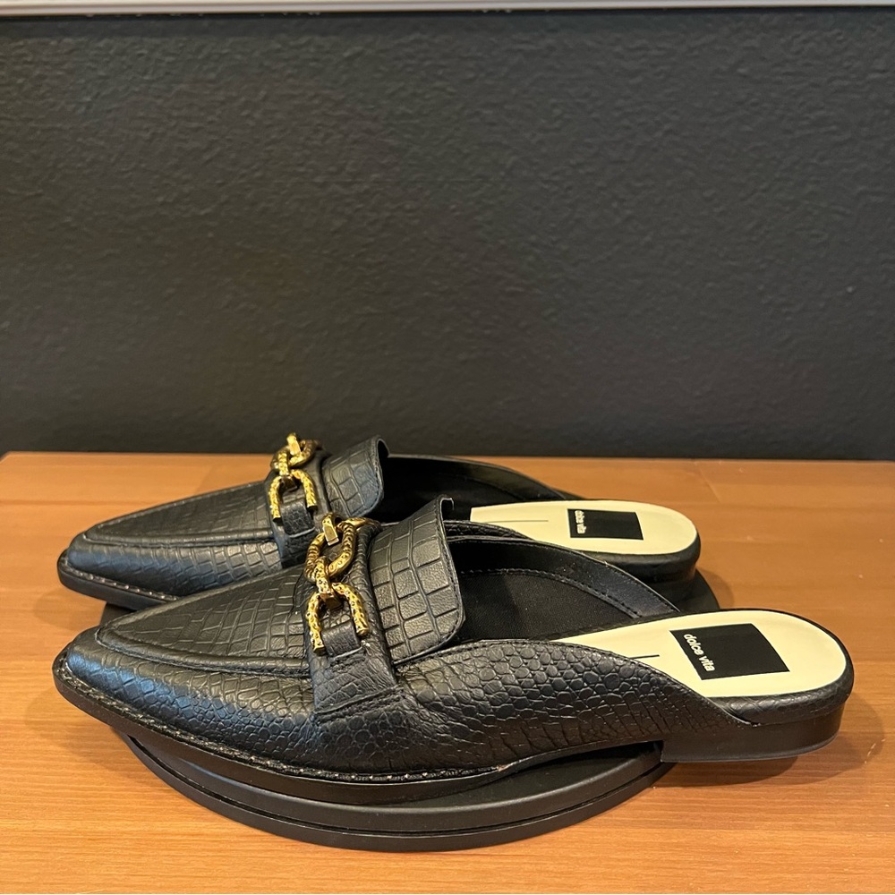 Dolce Vita Women’s Black Leather Embossed Sidon Chain Slip On Loafer Sandals 6